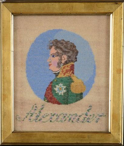 null Alexandre Ier, empereur de Russie (1777-1825). Portrait tissé en perles polychromes,...