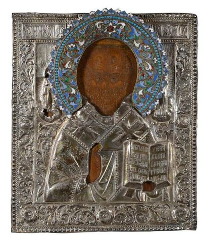 null Icône peinte sur bois. Saint Nicolas, entouré de la Vierge et du Christ. Avec...