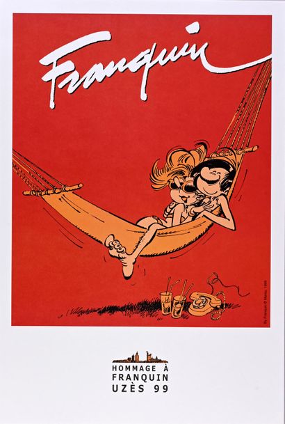 FRANQUIN SET OF 6 POSTERS.
Gaston Lagaffe and Mademoiselle Jeanne on the beach (N°17),
Gaston...