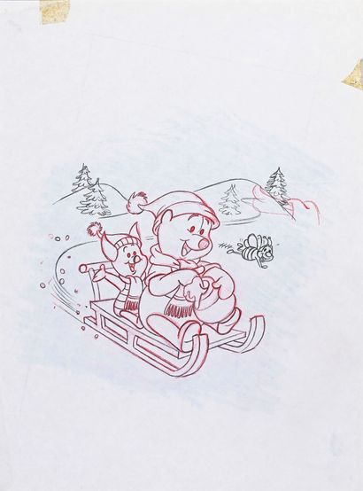 DISNEY (STUDIOS) WINNIE THE POOH ON A SLED. Illustration in colored pencil and pencil...