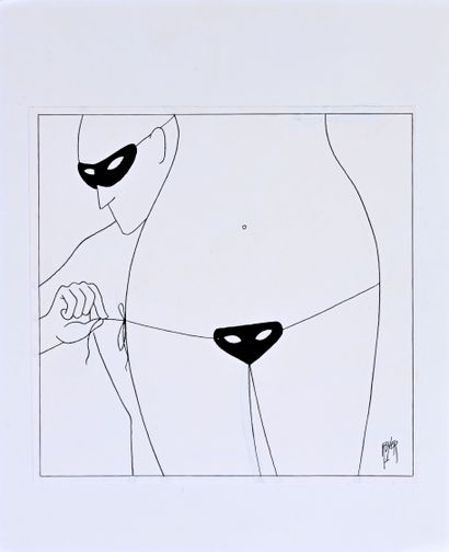 ROYER (RAOUL JEAN JOSEPH DEBROEYER, 1933-2023) EROTIC ILLUSTRATION. Drawing in Indian...
