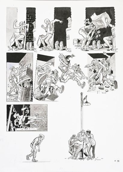 EISNER, WILL (1917-2005) NEW YORK STORIES, PLATE 19-55.
India ink and wash on cardboard.
28x38,5...