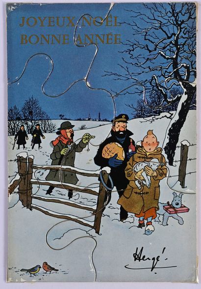 HERGE GREETING CARD 1960/1961.
Tintin, Snowy, Haddock, Sunflower and the Smiths walking...