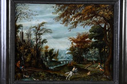 Pieter II Stevens (c.1567-1624) attribué à Wooded landscape with hunting scenes
Oil...