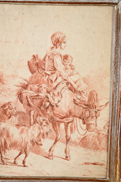 Jean-Baptiste I HUET (1745-1811) Shepherdess and her child on a donkey Drawing with...