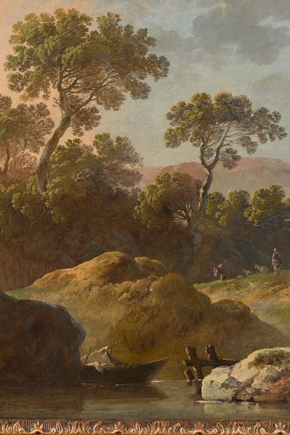 Jean-Baptiste Pillement (1728-1808) Paysanne et son troupeau au bord de la rivière
Huile...