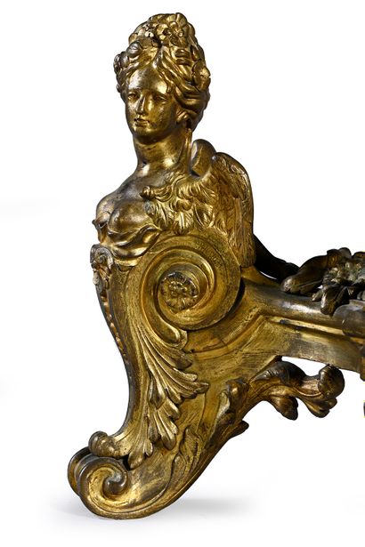 null Pair of gilt bronze andirons after Oppenordt's models, representing two winged...