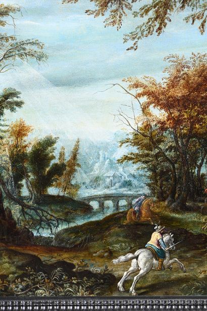 Pieter II Stevens (c.1567-1624) attribué à Wooded landscape with hunting scenes
Oil...