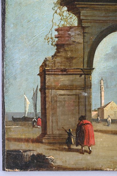 Suiveur de Francesco Guardi (1712-1793) Caprice
Huile sur toile contrecollé sur panneau...