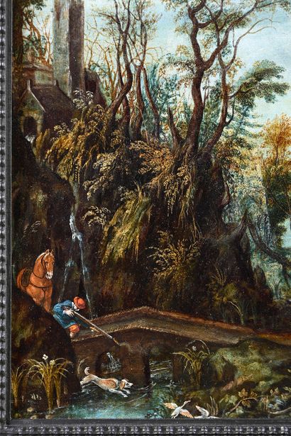 Pieter II Stevens (c.1567-1624) attribué à Paysage boisé avec scènes de chasse
Huile...