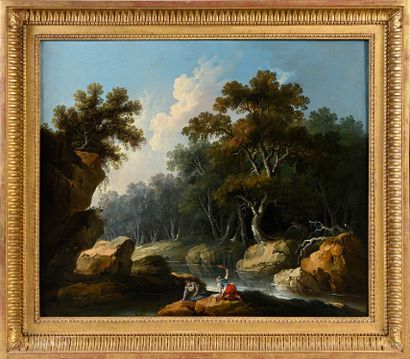 Jean-Baptiste Sarrazin (1740-1793) Landscape with washerwomen
Oil on canvas
H. 59,5...