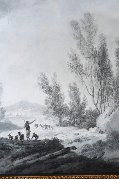 Jean-Baptiste Pillement (1728-1808) Paysage aux chevriers
Pastel sur papier signé...
