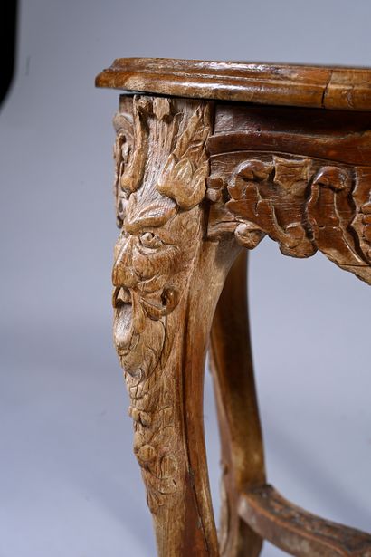 null Stool in carved natural wood with openwork decoration of foliage scrolls, cartouches,...