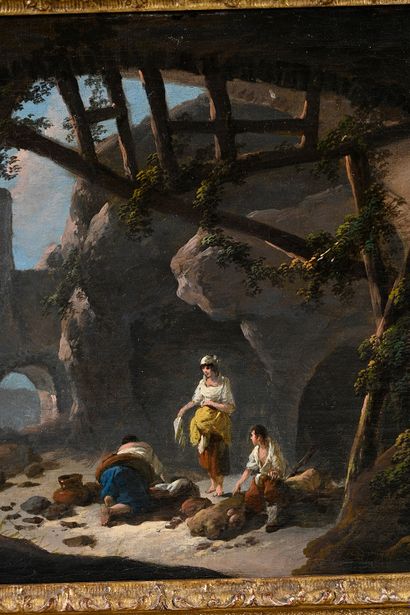 Jean-Baptiste Pillement (1728-1808) Paysages animés de personnages Paire d'huiles...