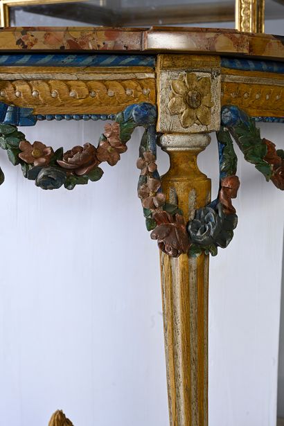 null Half-moon console in carved and relacquered wood, decorated with garlands of...