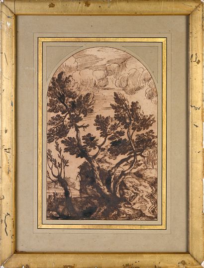 Ecole florentine du XVIIème siècle Paysage arboré
Plume et encre brune 28,5 x 18...