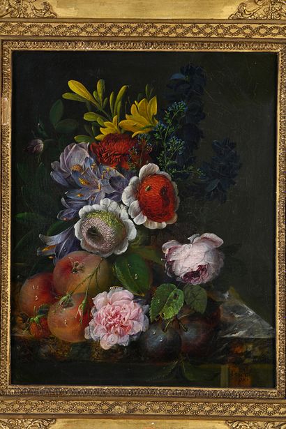 Louis VIDAL (Ca 1754 - 1807) Still life with flowers and fruits on an entablature
Oil...