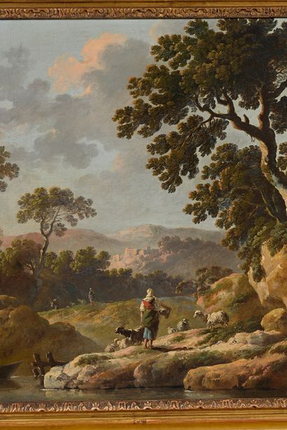 Jean-Baptiste Pillement (1728-1808) Peasant woman and her herd by the river
Oil on...