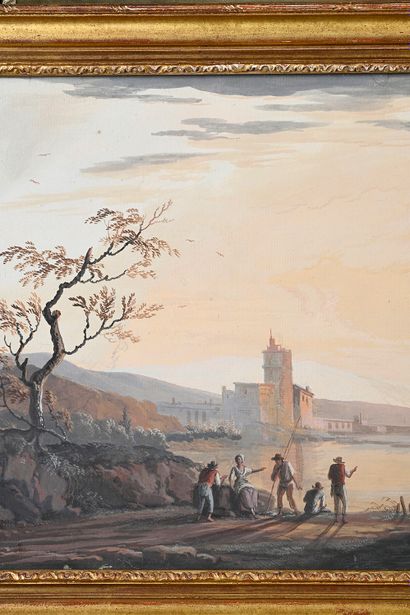 Jean-Baptiste Lallemand (1716-1803) attribué à Landscapes of animated seascapes
Pair...