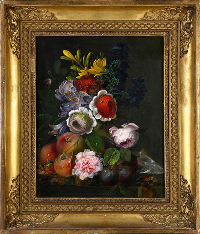 Louis VIDAL (Ca 1754 - 1807) Still life with flowers and fruits on an entablature
Oil...