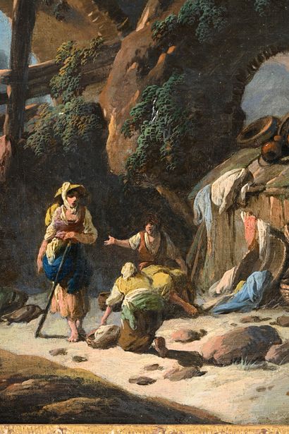 Jean-Baptiste Pillement (1728-1808) Paysages animés de personnages Paire d'huiles...