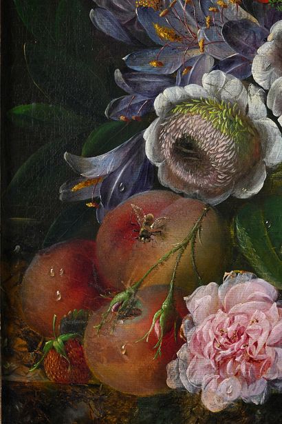 Louis VIDAL (Ca 1754 - 1807) Nature morte au bouquet de fleurs et fruits sur un entablement
Huile...