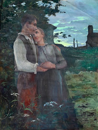 Edouard HENRY-BAUDOT (1871-1952) Les fiancés à la tombée du jour
Huile sur toile.
Cachet...