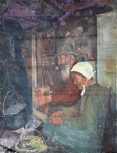 Edouard HENRY-BAUDOT (1871-1952) Le Couple écossant les petits pois
Huile sur toile.
Cachet...