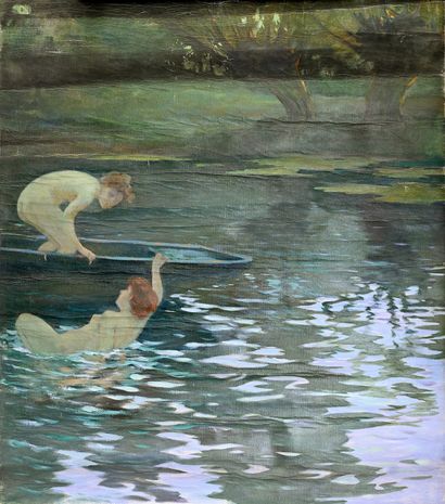 Edouard HENRY-BAUDOT (1871-1952) Deux baigneuses dans une rivière avec une barque
Huile...