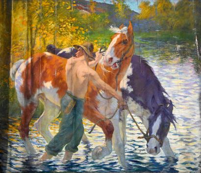 Edouard HENRY-BAUDOT (1871-1952) Jeune homme faisant traverser une rivière à deux...