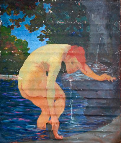Edouard HENRY-BAUDOT (1871-1952) Baigneuse fauve buvant à la fontaine
Huile sur toile.
Cachet...