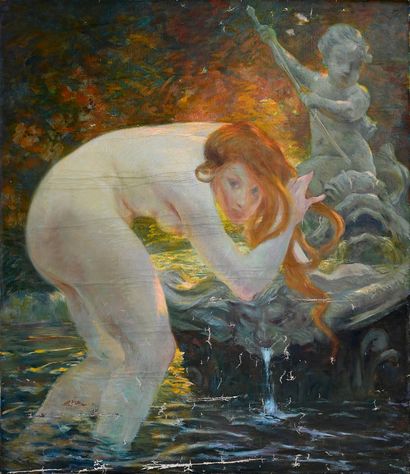 Edouard HENRY-BAUDOT (1871-1952) Jeune baigneuse à la fontaine au triton
Huile sur...