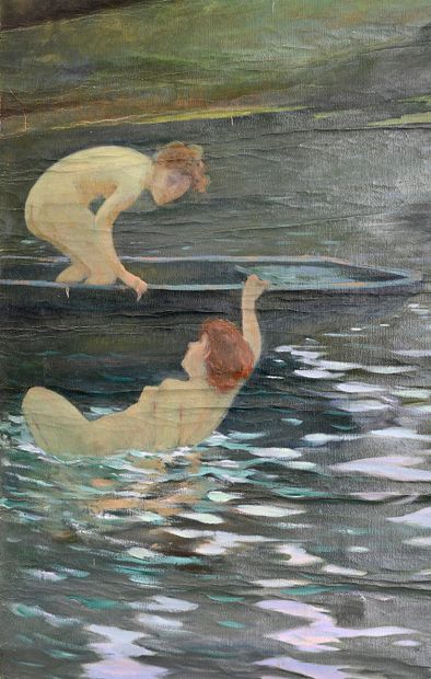 Edouard HENRY-BAUDOT (1871-1952) Deux baigneuses dans une rivière avec une barque
Huile...