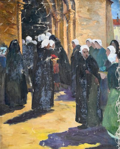 Edouard HENRY-BAUDOT (1871-1952) Bretonnes devant une église.
Huile sur toile.
Cachet...