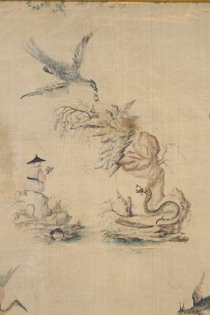 CHINE, XVIIIe siècle Painted and embroidered textile element with pagodas and characters...
