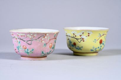 CHINE, XIXe siècle Set of two porcelain bowls with polychrome enamel decoration of...