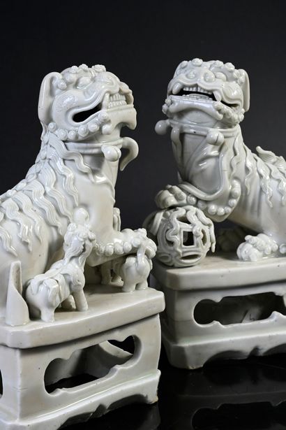 CHINE, XVIIe siècle Pair of white porcelain Fo dogs, presented on rectangular openwork...