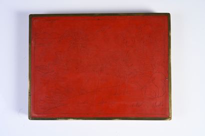 CHINE, vers 1900 Small rectangular tray in cinnabar lacquer carved with scrolls and...