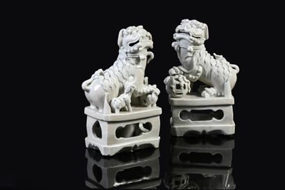 CHINE, XVIIe siècle Pair of white porcelain Fo dogs, presented on rectangular openwork...