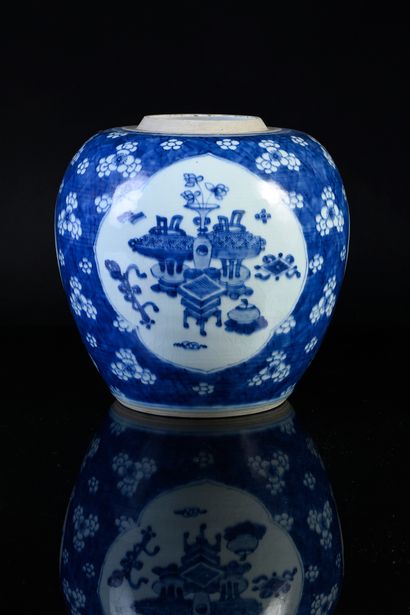 CHINE, XVIIIe-XIXe siècle Porcelain ginger pot of ovoid form with blue-white decoration...