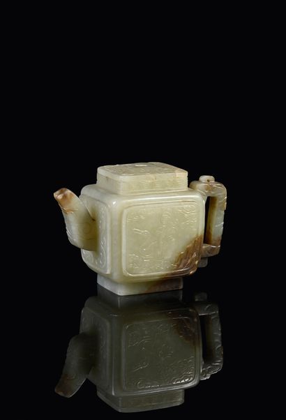 CHINE, Epoque Ming Small celadon jade jug of quadrangular shape, presenting on two...