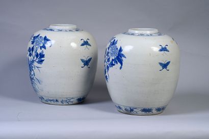 CHINE, XIXe siècle Pair of ovoid porcelain jars with blue and white decoration of...