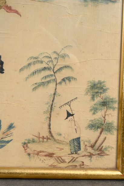 CHINE, XVIIIe siècle Élément en textile peint et brodé à décor de pagodes et personnages...