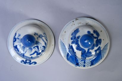 CHINE, XIXe siècle Deux couvercles de potiches en porcelaine à décor bleu et bla...