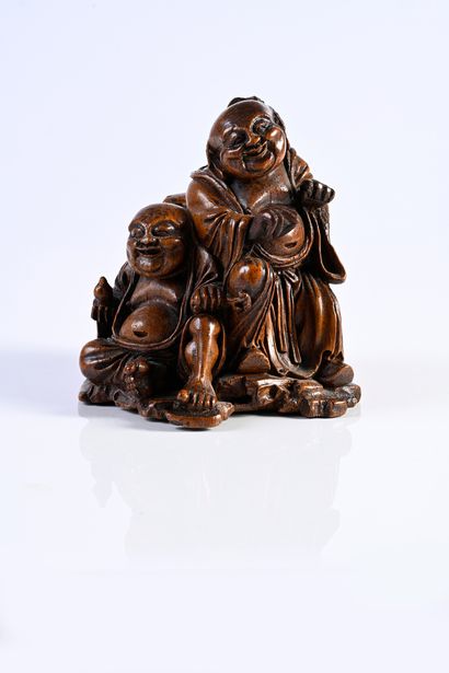 CHINE, XVIIIe siècle Groupe en bambou sculpté Hehe Erxian, chaque figure sculptée...