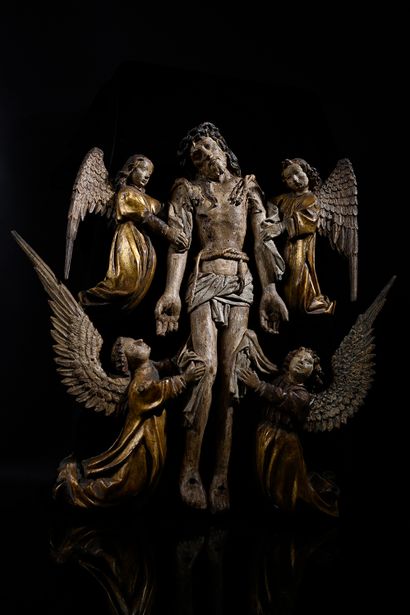 null Christ taken down from the cross by the angels in polychrome and gilded wood....