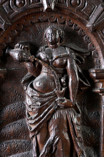 null Panneau en chêne sculpté en bas-relief à décor de l'allégorie de la Tempérance,...