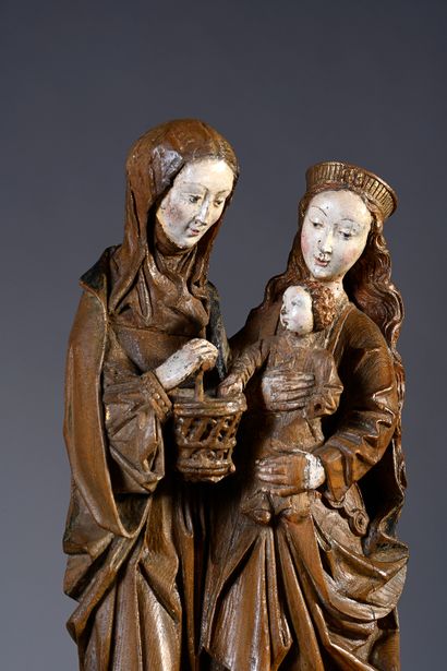 null Groupe représentant la Vierge, sainte Anne et l'Enfant Jésus en chêne sculpté,...
