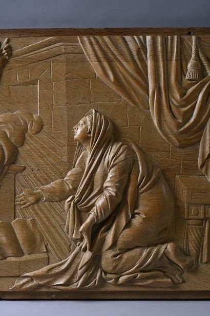 null Panneau en chêne sculpté en bas-relief représentant l'Annonciation, inscriptions...