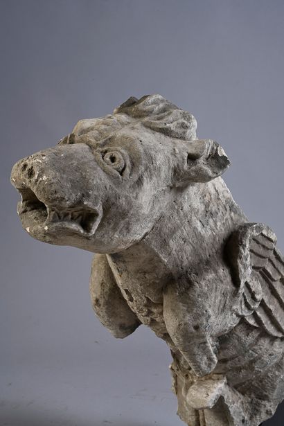 null Gargoyle in sculpted limestone. Imaginary composite creature with a wolf's head,...